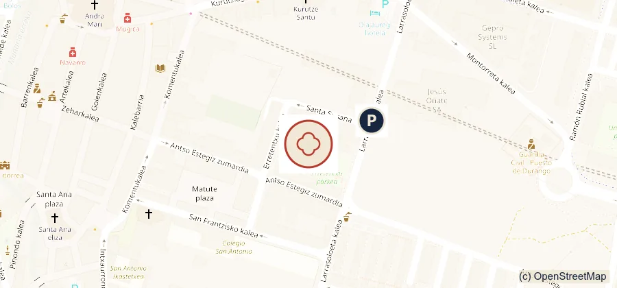 Mapa de Erretentxu Kalea, en Durango (Bizkaia), con Hiper Asia y el aparcamiento gratuito de Larrasoloeta Kalea señalados